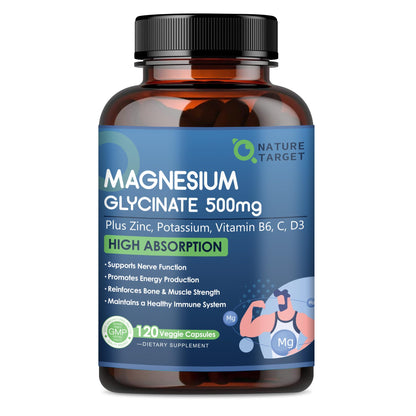 Nature Target Magnesium Glycinate 500mg – Chelated Magnesium with Zinc & Vitamin D3 | Supports Muscle, Nerve, Bone & Heart Health — 120 Capsules