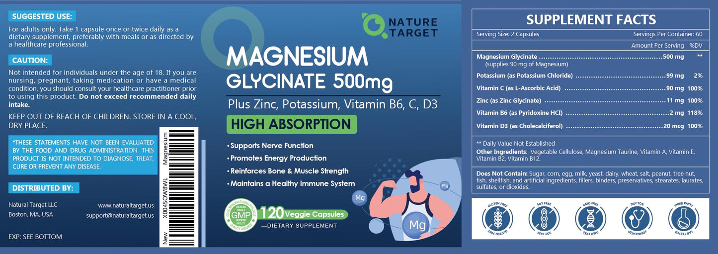 Nature Target Magnesium Glycinate 500mg – Chelated Magnesium with Zinc & Vitamin D3 | Supports Muscle, Nerve, Bone & Heart Health — 120 Capsules
