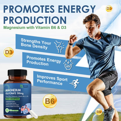 Nature Target Magnesium Glycinate 500mg – Chelated Magnesium with Zinc & Vitamin D3 | Supports Muscle, Nerve, Bone & Heart Health — 120 Capsules