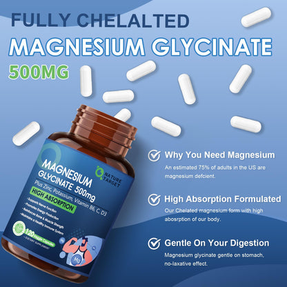 Nature Target Magnesium Glycinate 500mg – Chelated Magnesium with Zinc & Vitamin D3 | Supports Muscle, Nerve, Bone & Heart Health — 120 Capsules