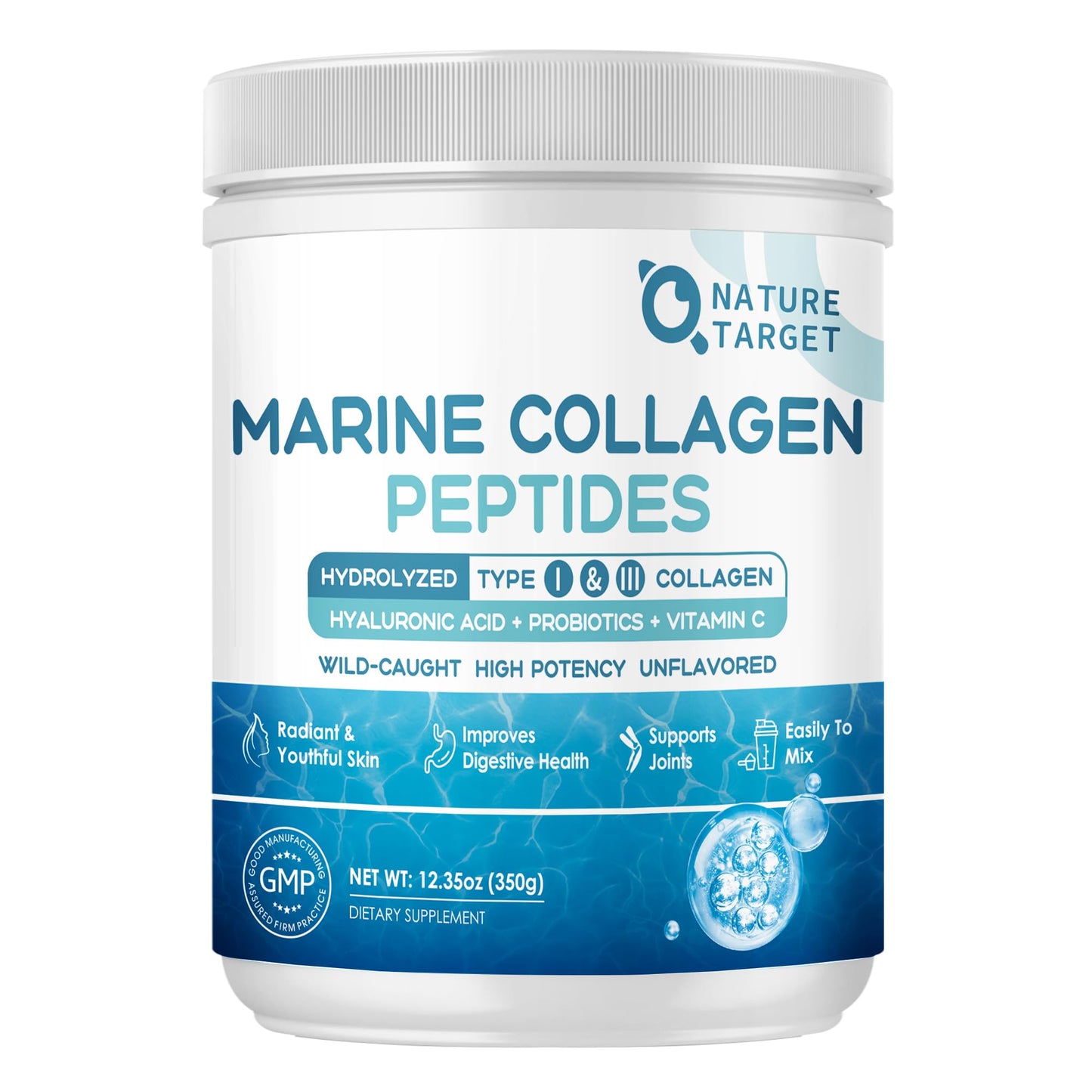Nature Target Marine Collagen Peptides Powder – Type I & III, Probiotics, Vitamin C & Hyaluronic Acid (35 Servings)