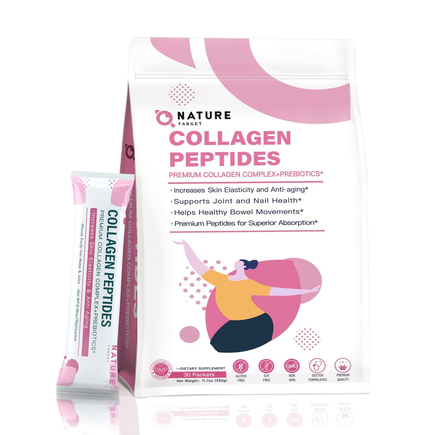 NATURE TARGET Multi Collagen Peptides Powder – Types I–X, Enhanced Absorption, Prebiotics, Sugar-Free, Non-GMO