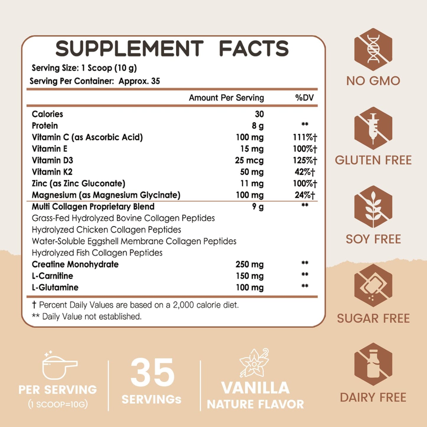 Nature Target Multi Collagen Peptides for Women – Vanilla, 35 Servings