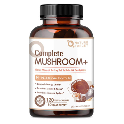 NATURE TARGET Mushroom Supplement, Mushroom Complex with Lion's Mane, Turkey Tail, Reishi, Cordyceps, Shiitake, 14-in-1 Mushrooms for Memory and Focus, 120 Capsules