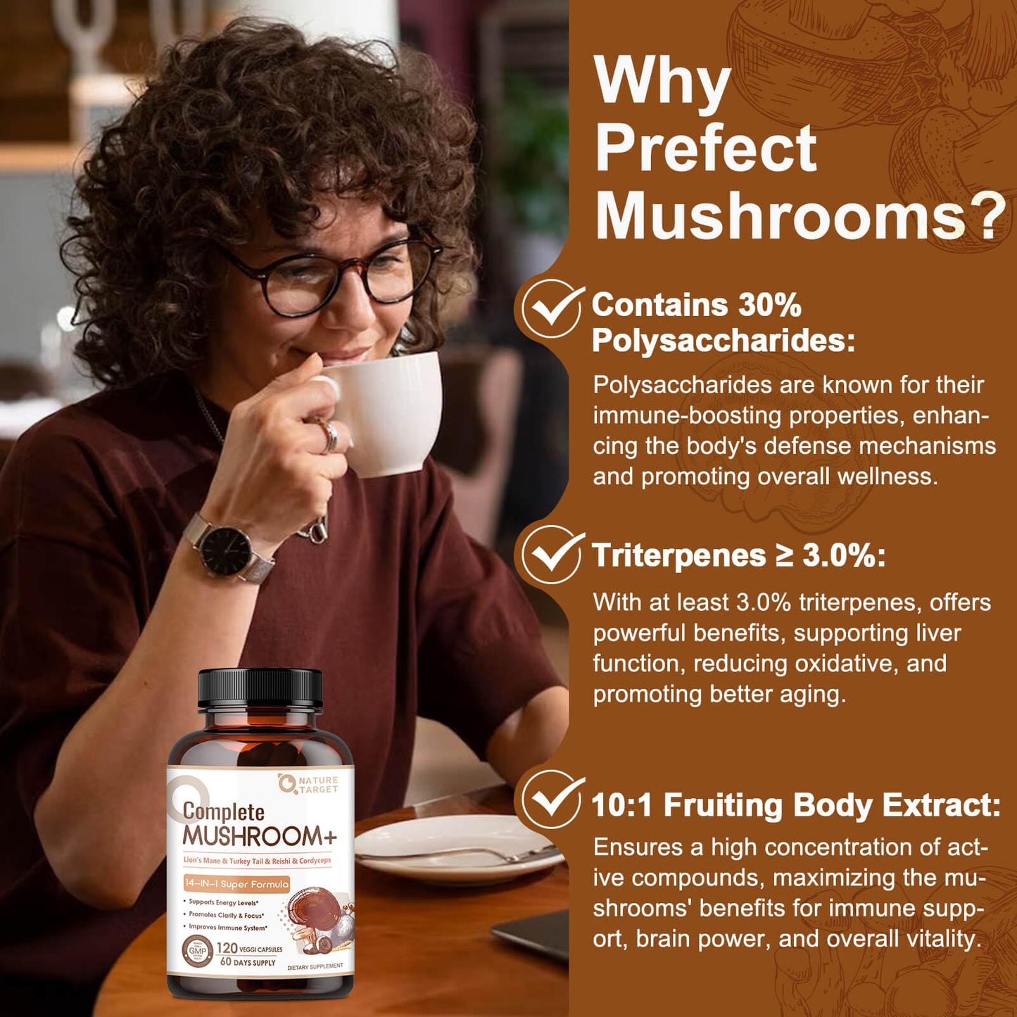 NATURE TARGET Mushroom Supplement, Mushroom Complex with Lion's Mane, Turkey Tail, Reishi, Cordyceps, Shiitake, 14-in-1 Mushrooms for Memory and Focus, 120 Capsules