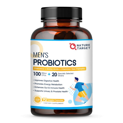 Nature Target Probiotics for Men – Digestive Health with Enzymes & Prebiotics, 100 Billion CFUs, Saw Palmetto & Cranberry, 90 VeggieCaps