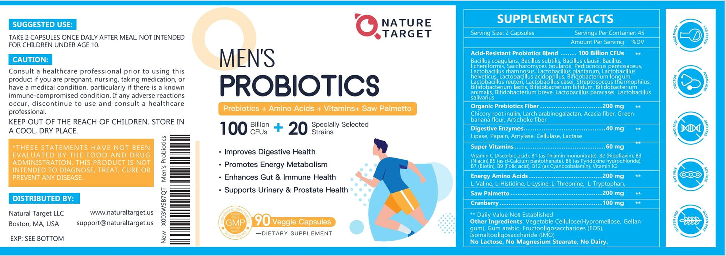 Nature Target Probiotics for Men – Digestive Health with Enzymes & Prebiotics, 100 Billion CFUs, Saw Palmetto & Cranberry, 90 VeggieCaps