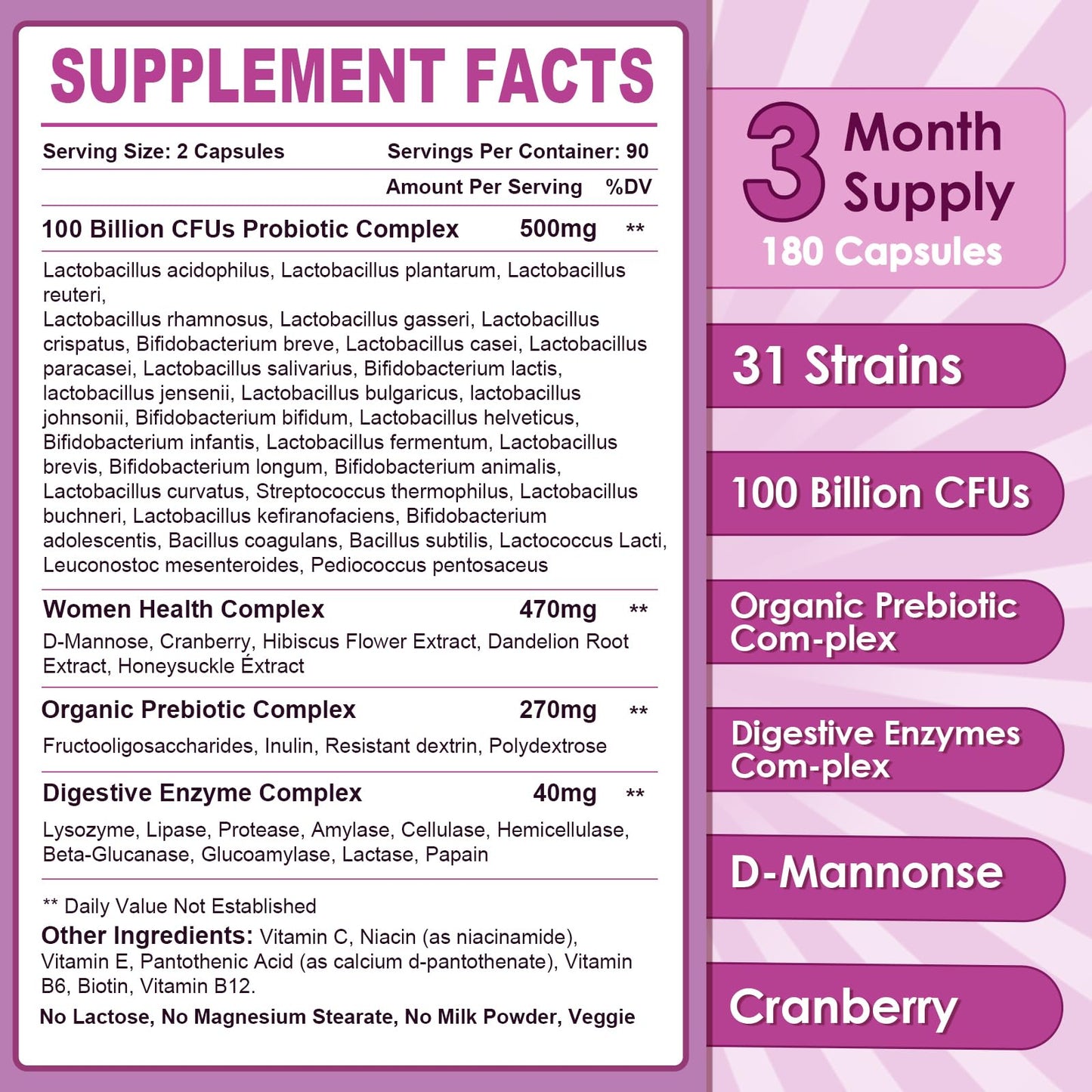 Nature Target Probiotics for Women – 100B CFUs, Enzymes, Prebiotics, Cranberry | 180 Veggie Capsules