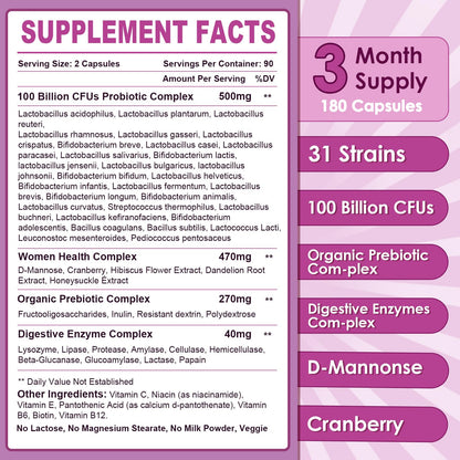 Nature Target Probiotics for Women – 100B CFUs, Enzymes, Prebiotics, Cranberry | 180 Veggie Capsules