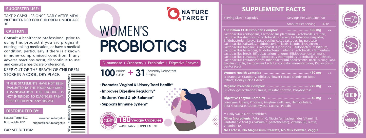 Nature Target Probiotics for Women – 100B CFUs, Enzymes, Prebiotics, Cranberry | 180 Veggie Capsules