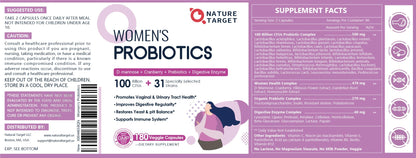 Nature Target Probiotics for Women – 100B CFUs, Enzymes, Prebiotics, Cranberry | 180 Veggie Capsules