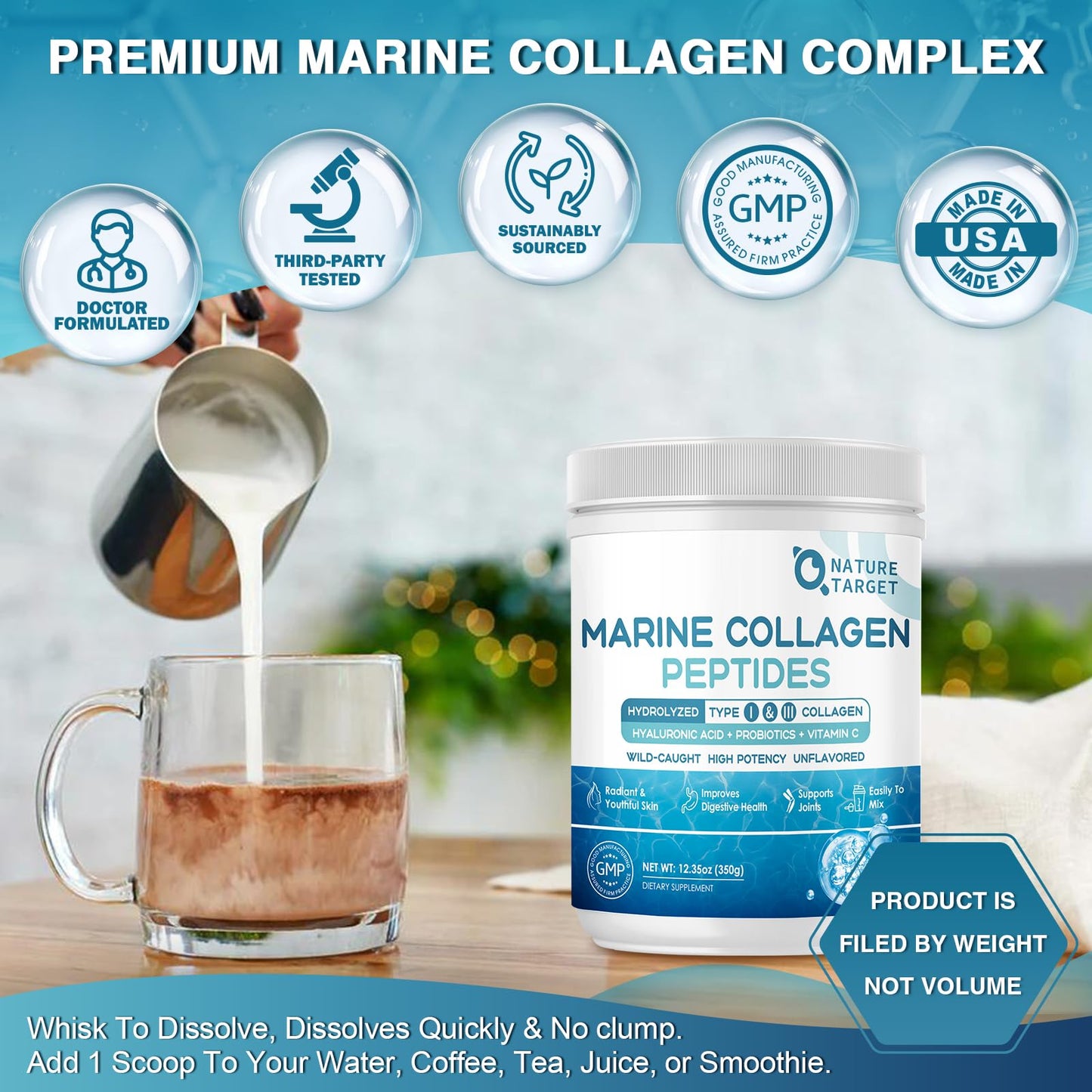 Nature Target Marine Collagen Peptides Powder – Type I & III, Probiotics, Vitamin C & Hyaluronic Acid (35 Servings)