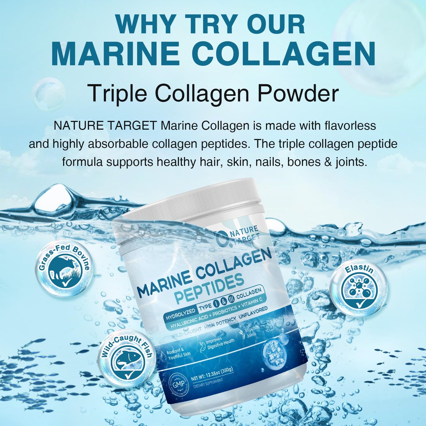 Nature Target Marine Collagen Peptides Powder – Type I & III, Probiotics, Vitamin C & Hyaluronic Acid (35 Servings)