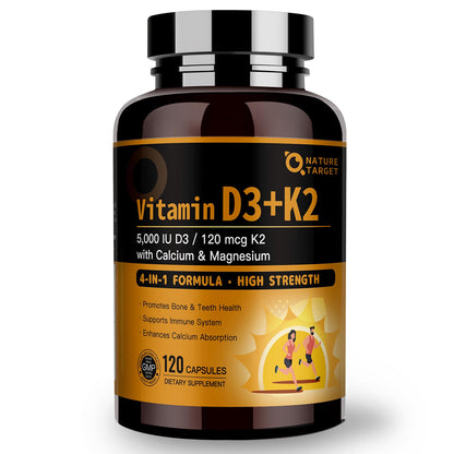 Nature Target Vitamin D3 K2 with Calcium & Magnesium – Max Strength 4-in-1 Formula for Bone, Heart & Immune Support (5000 IU D3 & 120 mcg K2) – 120 Count