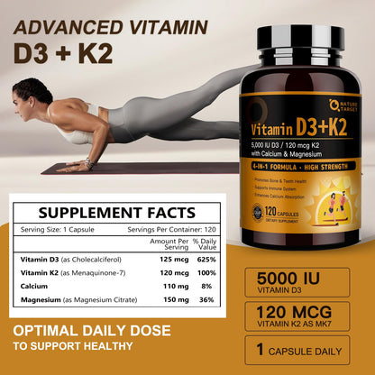 Nature Target Vitamin D3 K2 with Calcium & Magnesium – Max Strength 4-in-1 Formula for Bone, Heart & Immune Support (5000 IU D3 & 120 mcg K2) – 120 Count