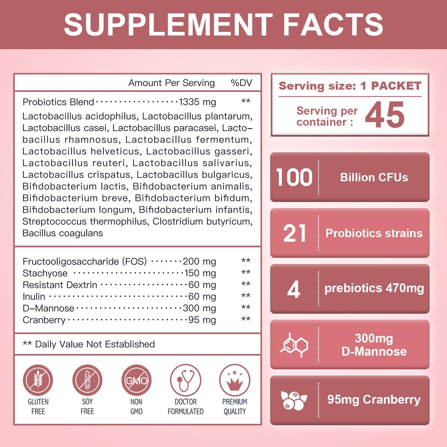 Nature Target Probiotics for Women – 100 Billion CFUs, 45-Day Supply, D-Mannose & Cranberry