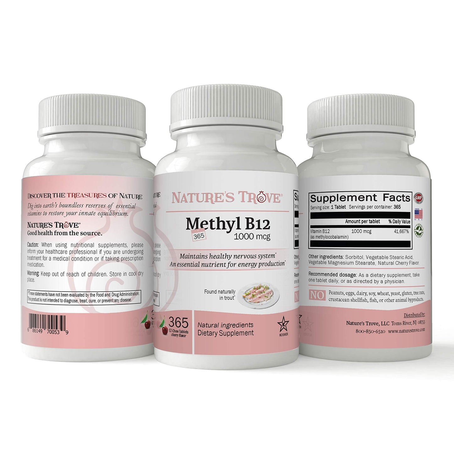 Nature's Trove Vitamin B12 Methylcobalamin 1000 mcg – 365 Cherry Flavor Chewables