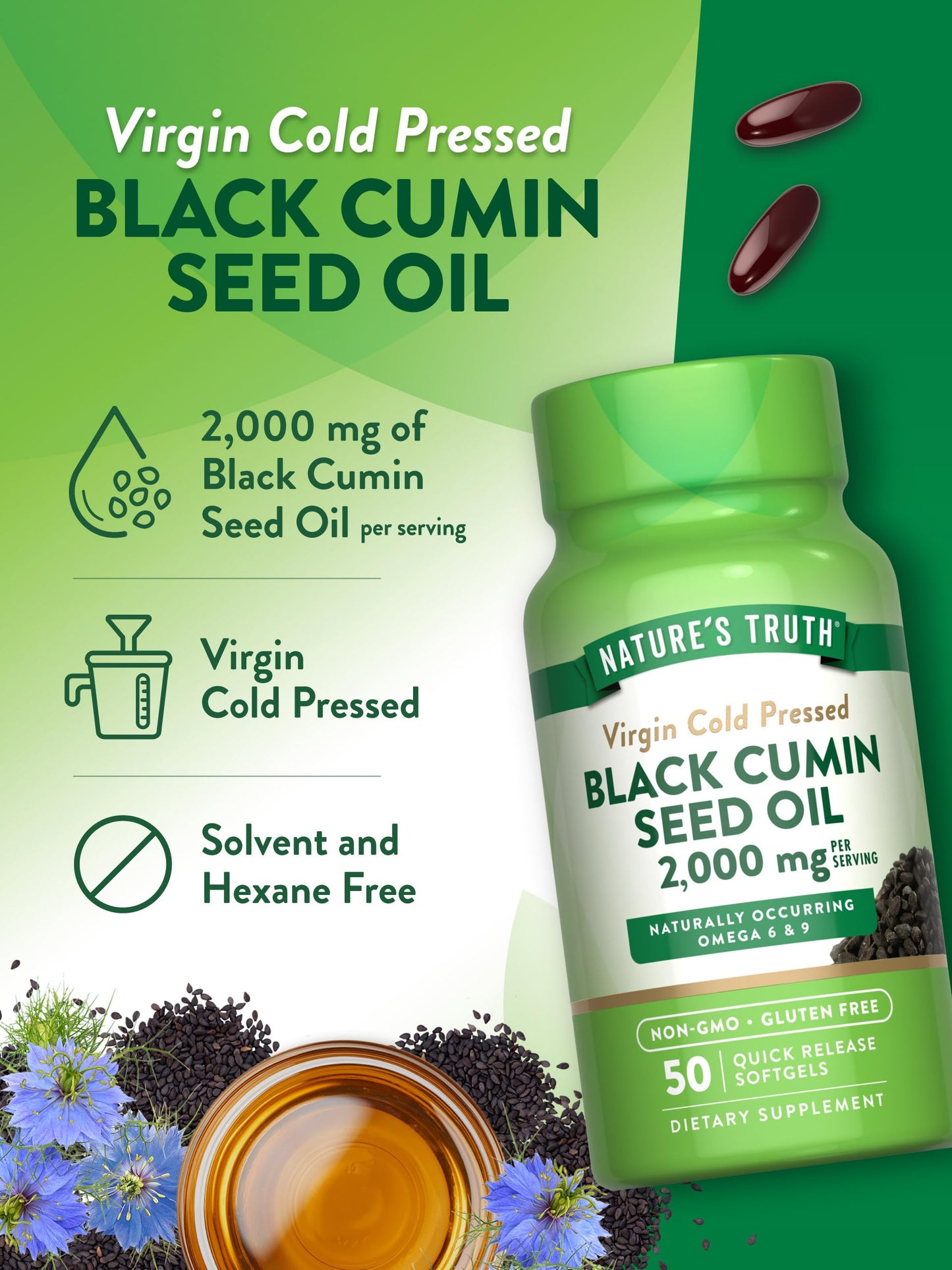Nature's Truth Black Cumin Seed Oil 2000 mg - 50 Softgels | Cold Pressed, Non-GMO, Gluten Free