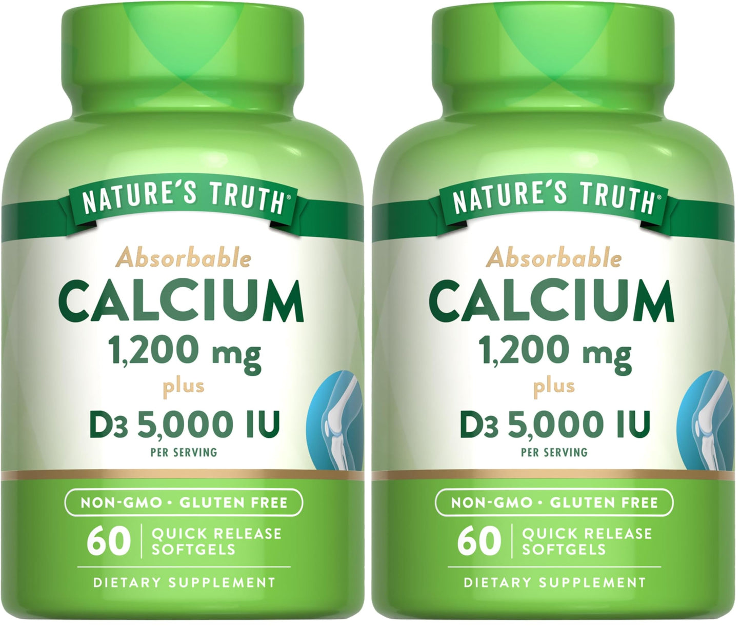 Nature's Truth Calcium 1200mg with Vitamin D3 (5000 IU) - 60 Softgels per Bottle | Pack of 2 | Non-GMO & Gluten Free