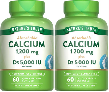 Nature's Truth Calcium 1200mg with Vitamin D3 (5000 IU) - 60 Softgels per Bottle | Pack of 2 | Non-GMO & Gluten Free