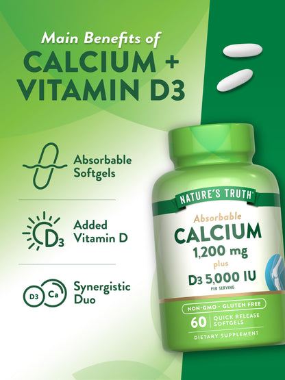 Nature's Truth Calcium 1200mg with Vitamin D3 (5000 IU) - 60 Softgels per Bottle | Pack of 2 | Non-GMO & Gluten Free