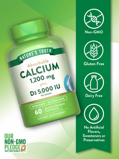 Nature's Truth Calcium 1200mg with Vitamin D3 (5000 IU) - 60 Softgels per Bottle | Pack of 2 | Non-GMO & Gluten Free