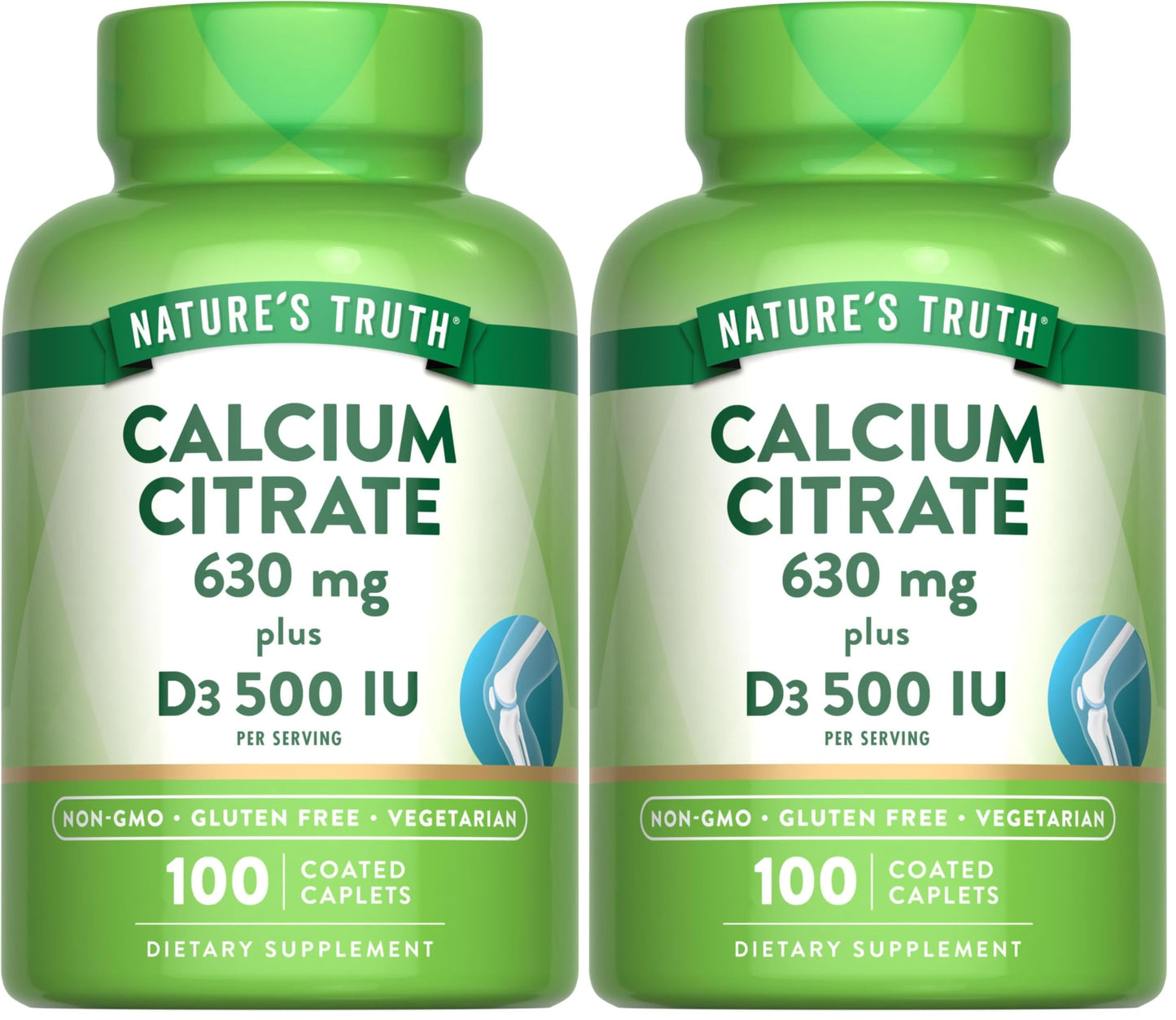 Nature's Truth Calcium Citrate with Vitamin D3 - 100 Caplets Pack of 2 - Vegetarian, Non-GMO & Gluten Free