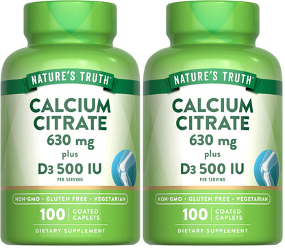 Nature's Truth Calcium Citrate with Vitamin D3 - 100 Caplets Pack of 2 - Vegetarian, Non-GMO & Gluten Free