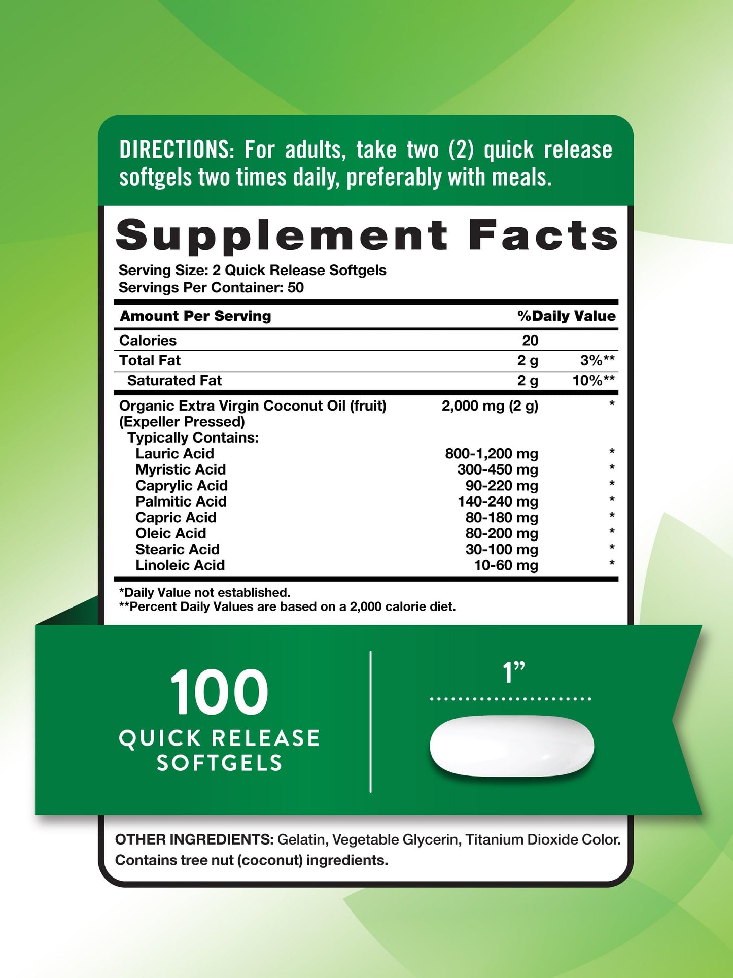 Nature's Truth Coconut Oil Supplement - 2 Pack (100 Softgels) | Naturally Occurring MCTs, Non-GMO, Gluten Free