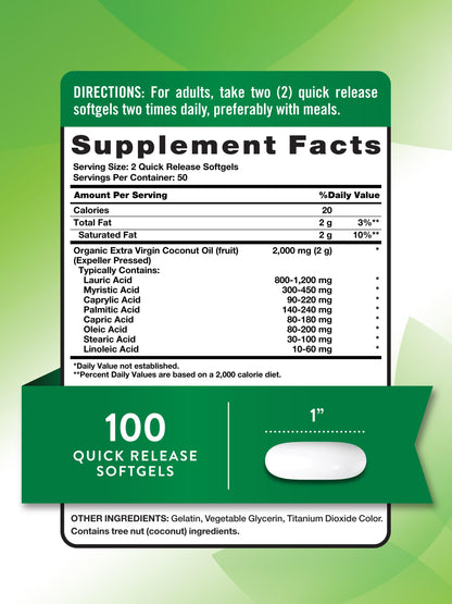 Nature's Truth Coconut Oil Supplement - 2 Pack (100 Softgels) | Naturally Occurring MCTs, Non-GMO, Gluten Free