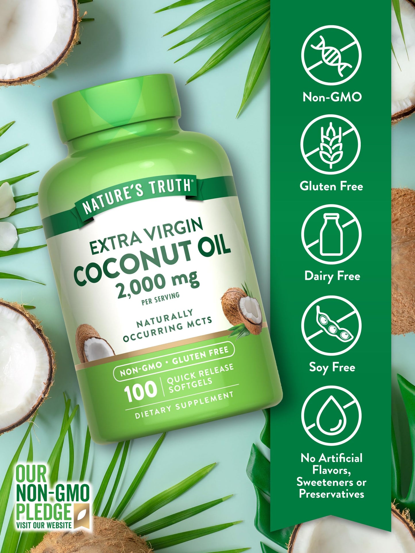 Nature's Truth Coconut Oil Supplement - 2 Pack (100 Softgels) | Naturally Occurring MCTs, Non-GMO, Gluten Free