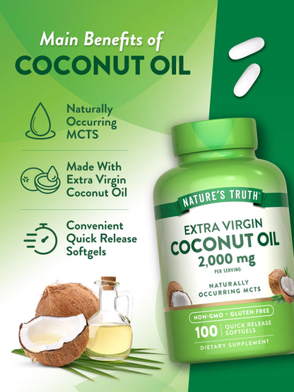 Nature's Truth Coconut Oil Supplement - 2 Pack (100 Softgels) | Naturally Occurring MCTs, Non-GMO, Gluten Free