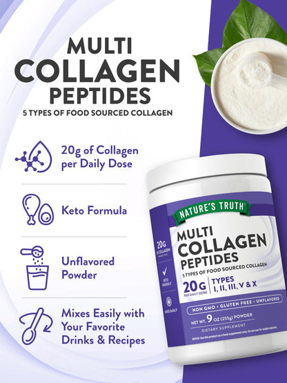 Nature's Truth Multi Collagen Peptide Powder 9 oz – Types I–X, Unflavored, Gluten Free