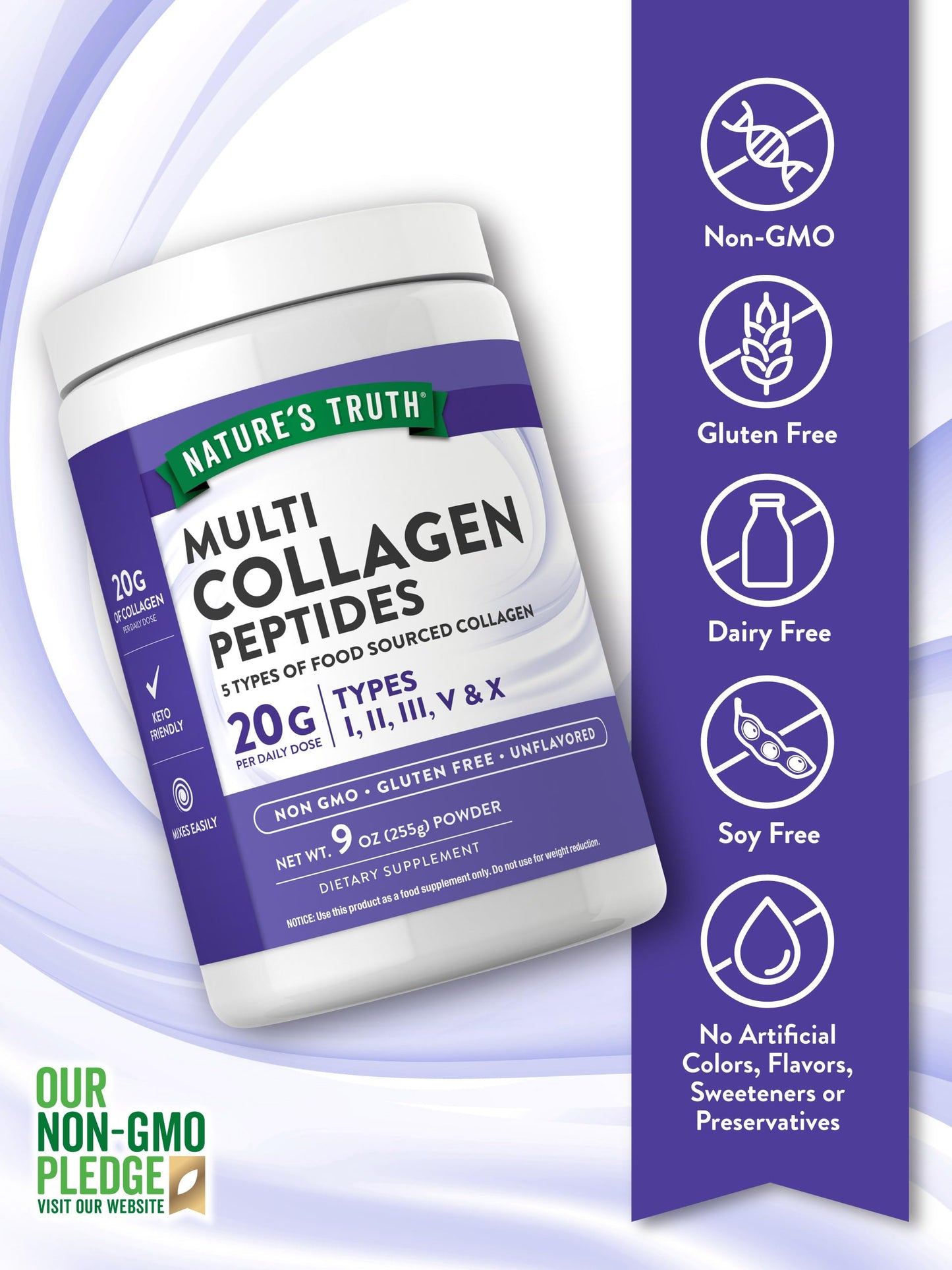 Nature's Truth Multi Collagen Peptide Powder 9 oz – Types I–X, Unflavored, Gluten Free