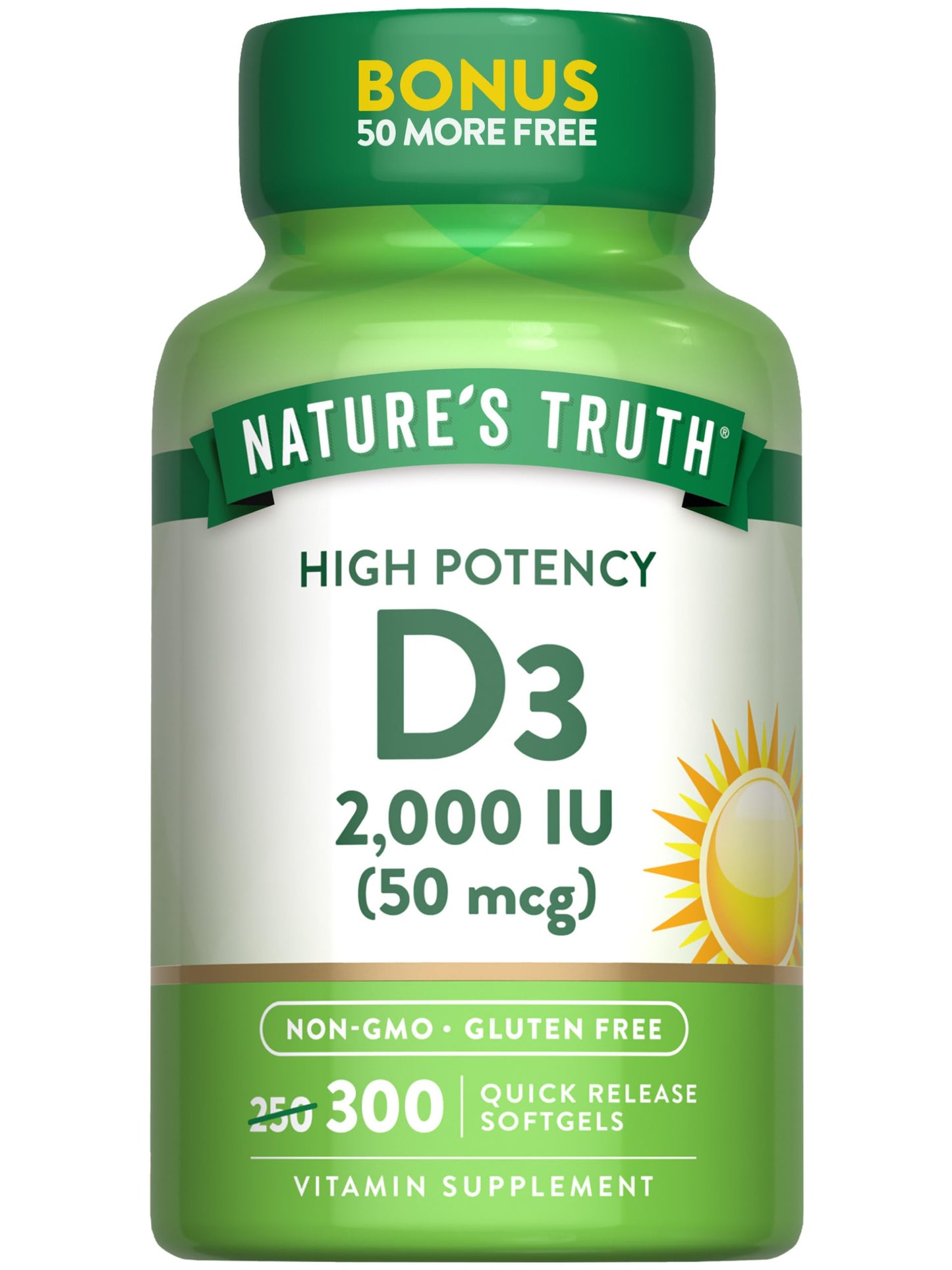 Nature's Truth Vitamin D3 2000 IU | 300 Softgels | High Potency | Non-GMO & Gluten Free