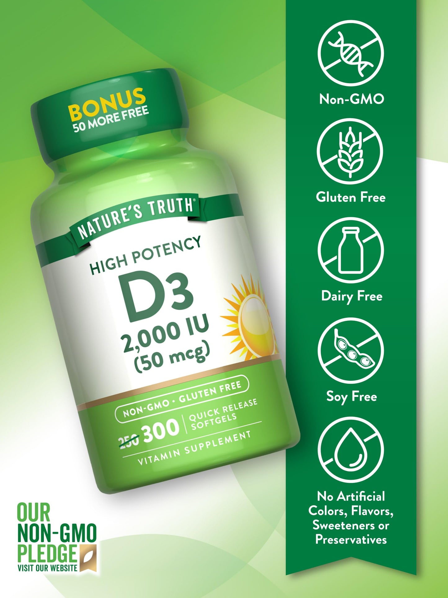 Nature's Truth Vitamin D3 2000 IU | 300 Softgels | High Potency | Non-GMO & Gluten Free