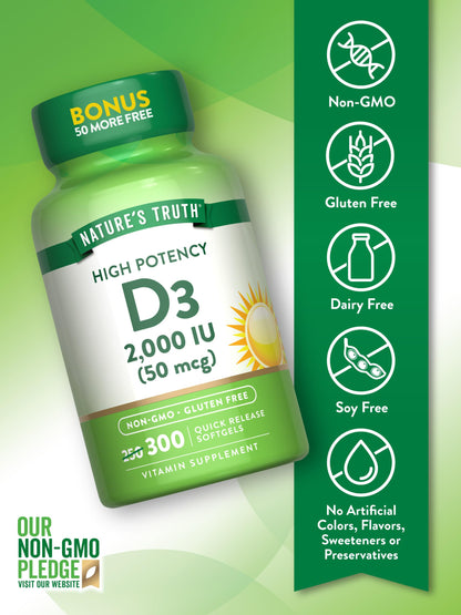 Nature's Truth Vitamin D3 2000 IU | 300 Softgels | High Potency | Non-GMO & Gluten Free