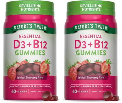 Nature's Truth Vitamin D3 & B12 Gummies for Adults – 60 Count Strawberry, Vegetarian, Non-GMO & Gluten Free (Pack of 2)