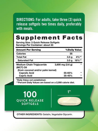 Nature's Truth MCT Oil Pills 3600mg – 100 Softgels | Keto Friendly, Caprylic & Capric Acid
