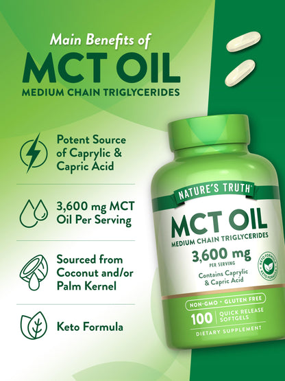 Nature's Truth MCT Oil Pills 3600mg – 100 Softgels | Keto Friendly, Caprylic & Capric Acid