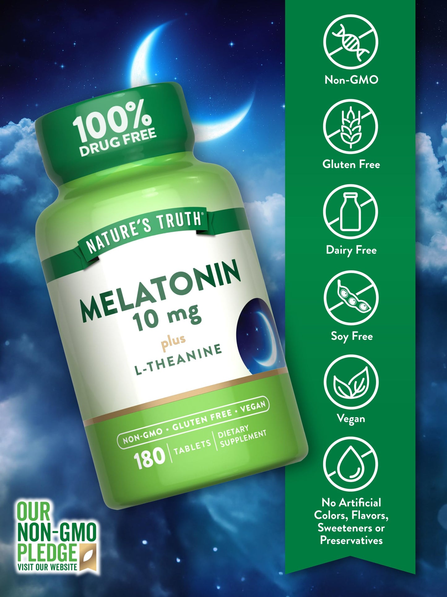 Nature's Truth Melatonin 10mg with L-Theanine – 180 Count | Vegan, Non-GMO & Gluten Free