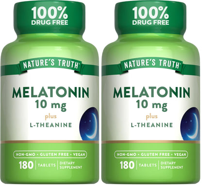 Nature's Truth Melatonin Tablets 10 mg with L-Theanine - 180 Count (Pack of 2) | Vegan, Non-GMO & Gluten Free