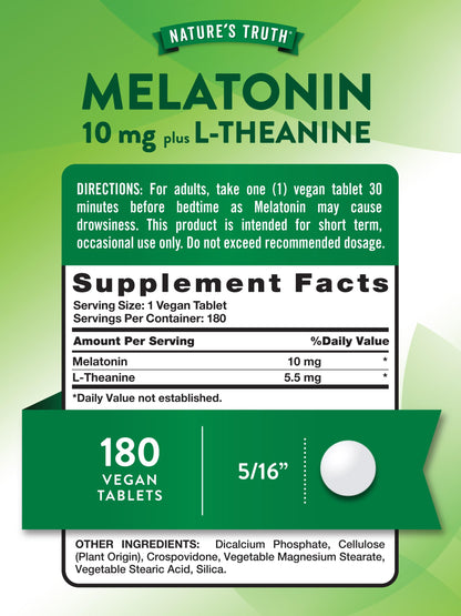 Nature's Truth Melatonin Tablets 10 mg with L-Theanine - 180 Count (Pack of 2) | Vegan, Non-GMO & Gluten Free