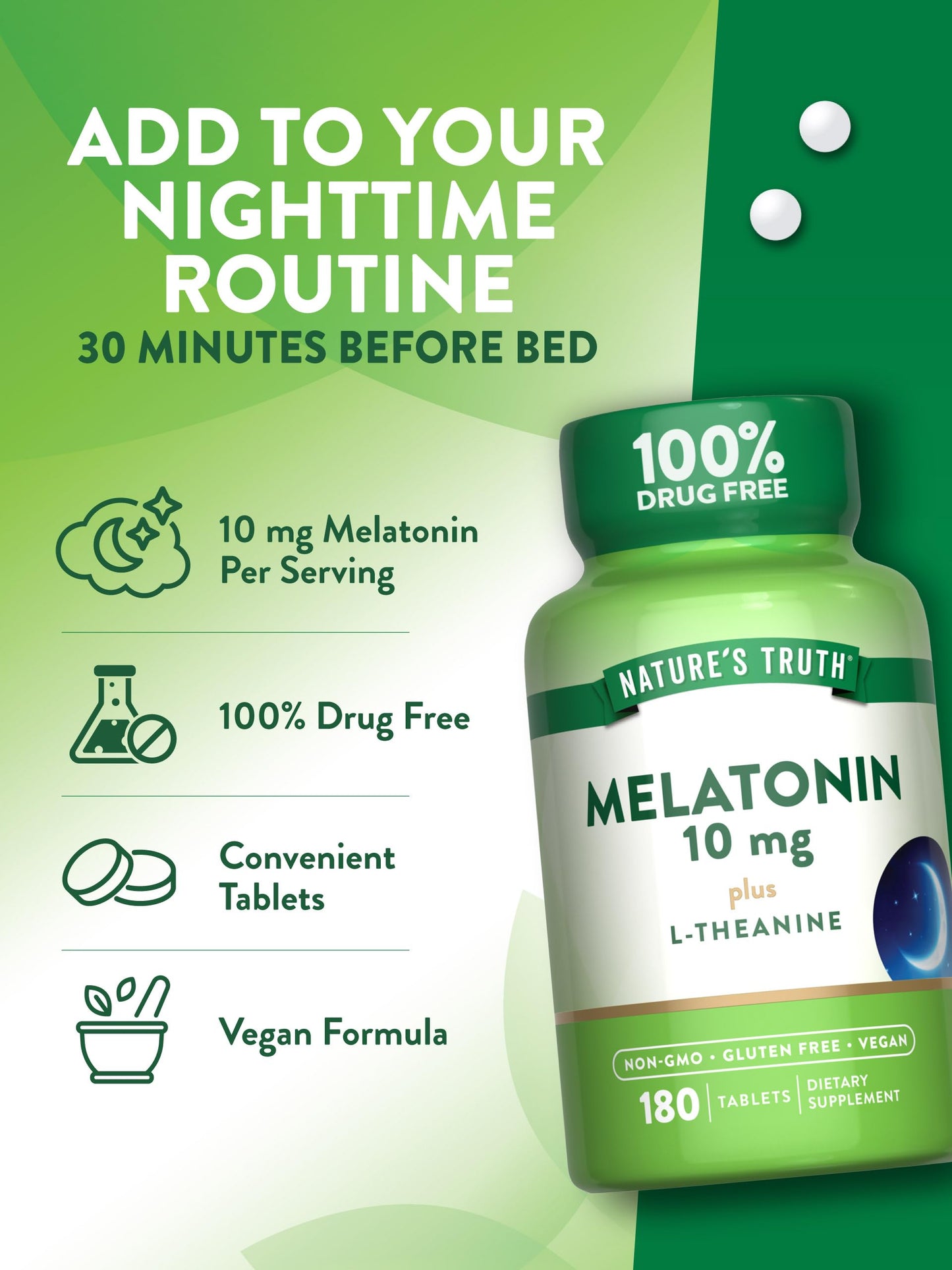 Nature's Truth Melatonin Tablets 10 mg with L-Theanine - 180 Count (Pack of 2) | Vegan, Non-GMO & Gluten Free