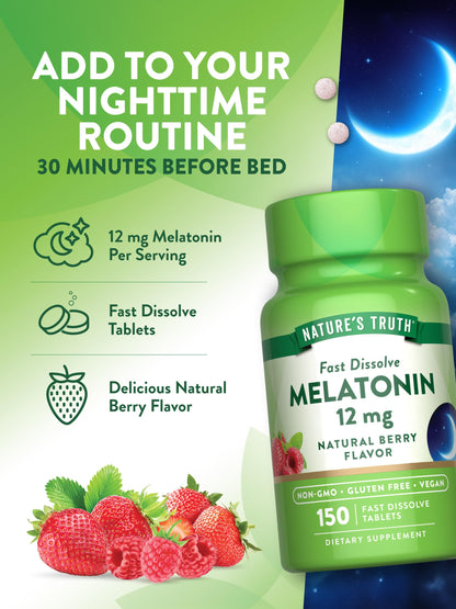 Nature's Truth Melatonin 12 mg - 150 Tablets, Berry Flavor, Quick Dissolve, Vegan, Non-GMO & Gluten Free | Pack of 2