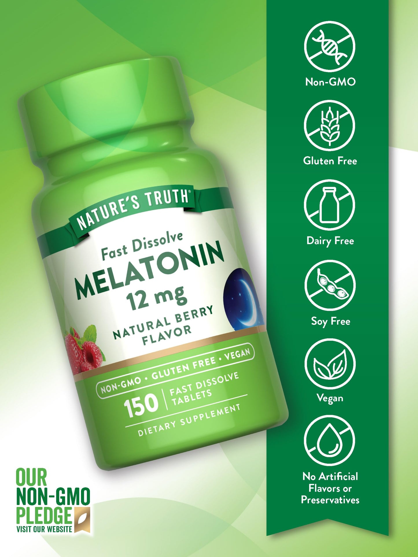 Nature's Truth Melatonin 12 mg - 150 Tablets, Berry Flavor, Quick Dissolve, Vegan, Non-GMO & Gluten Free | Pack of 2
