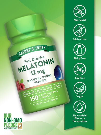Nature's Truth Melatonin 12 mg - 150 Tablets, Berry Flavor, Quick Dissolve, Vegan, Non-GMO & Gluten Free | Pack of 2