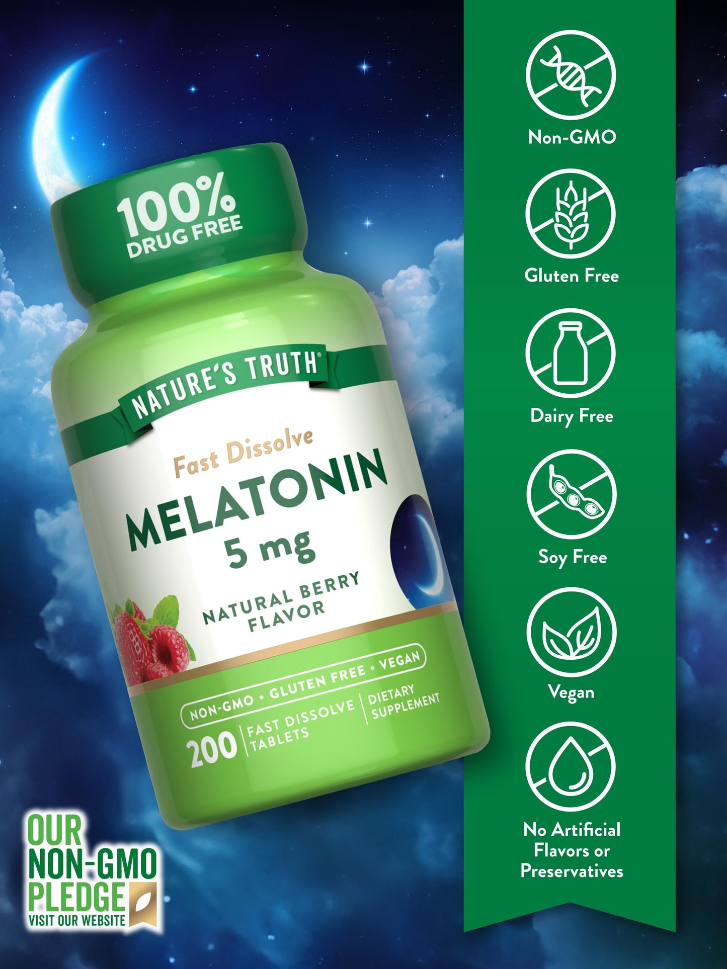 Nature's Truth Melatonin 5mg Fast Dissolve – 200 Count | Vegan & Gluten Free