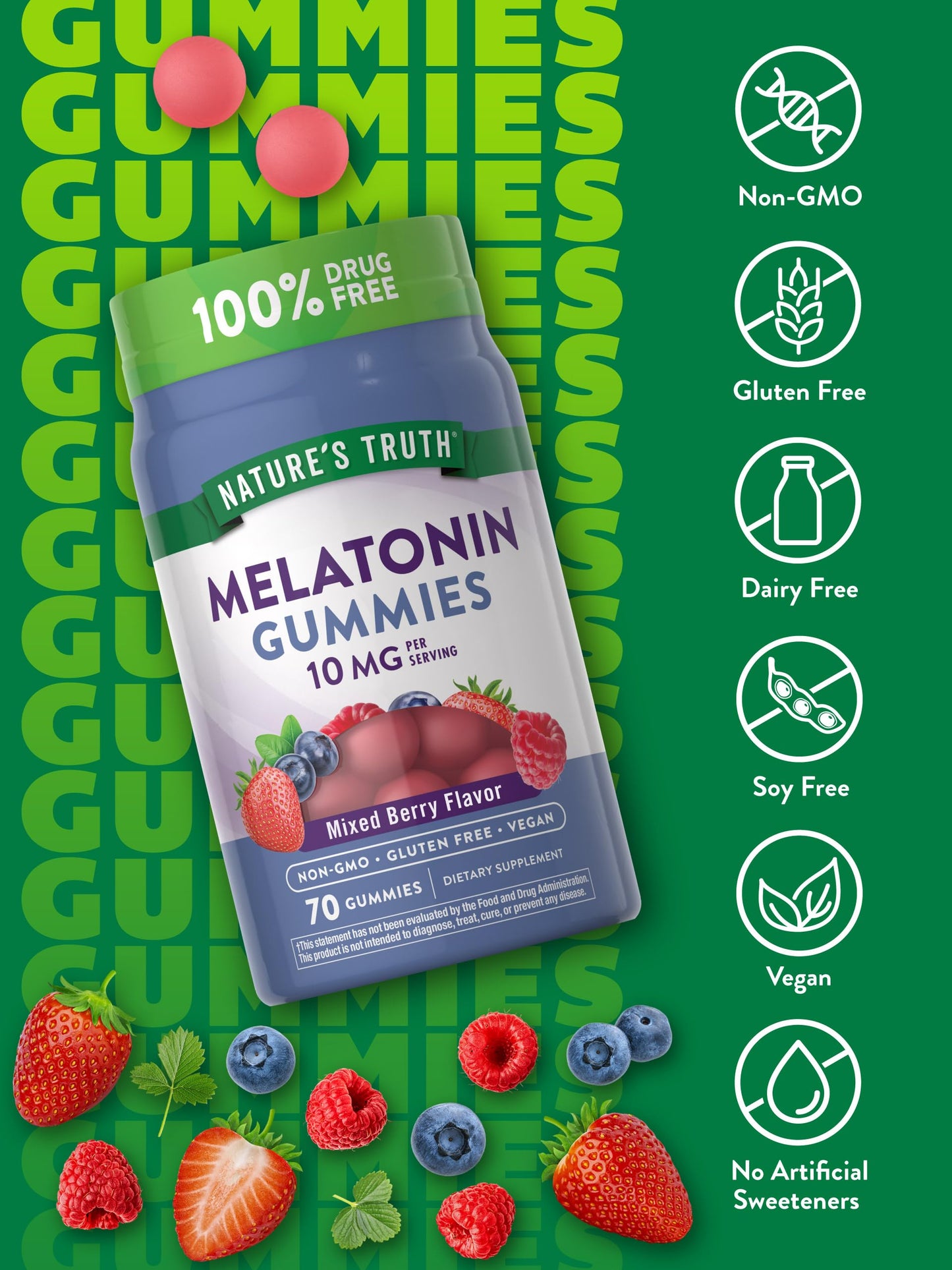 Nature's Truth Melatonin 10mg Gummies – 70 Count, Berry Flavor | Vegan, Non-GMO, Gluten Free