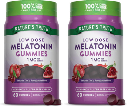 Nature's Truth Melatonin Gummies 1mg - 60 Count Cherry Pomegranate (Pack of 2) – Vegan, Non-GMO & Gluten Free